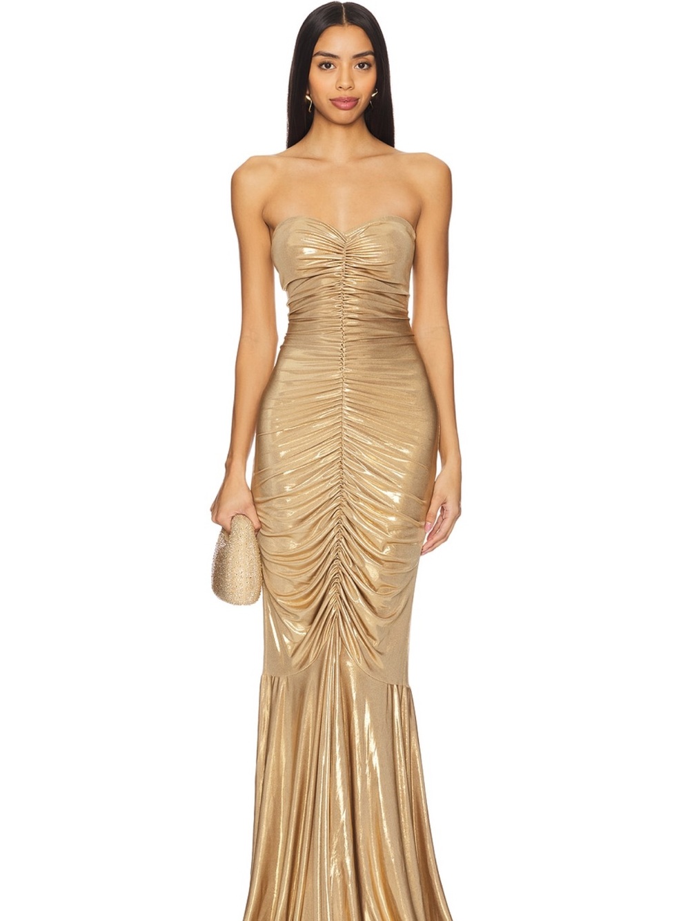 Norma Kamali Gold Strapless Ruched Fishtail Mermaid Gown